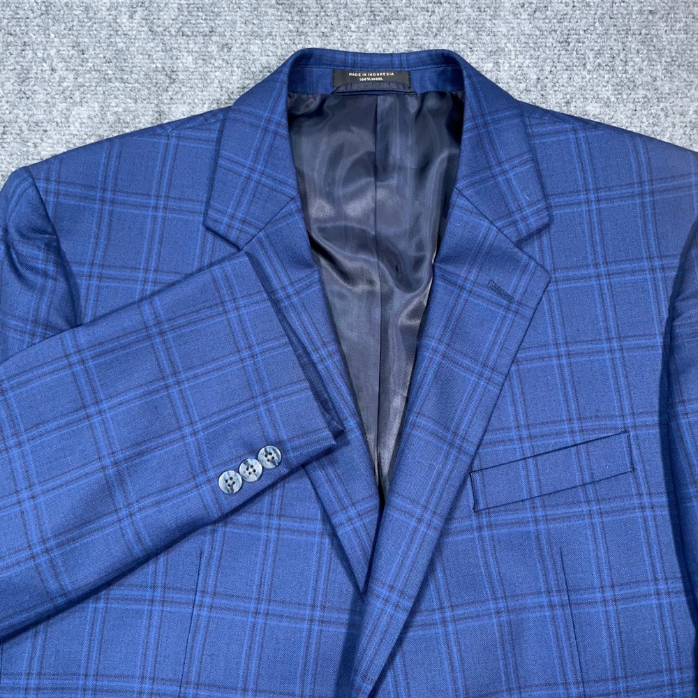Petrocelli Soren Sport Coat Mens 46L Plaid 100% Wool Blue Glen Check Blazer Work